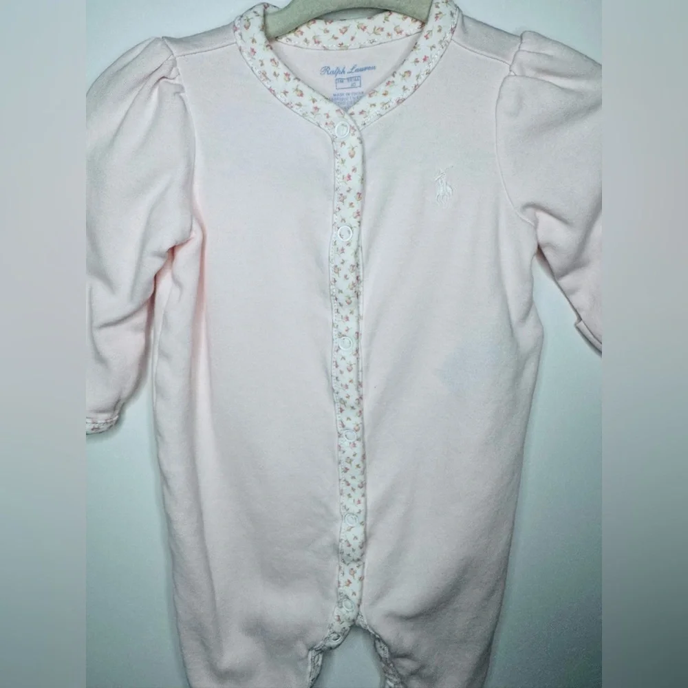 Ralph Lauren Light Pink Baby Girl Floral Trim Footie Pajamas Size 3M